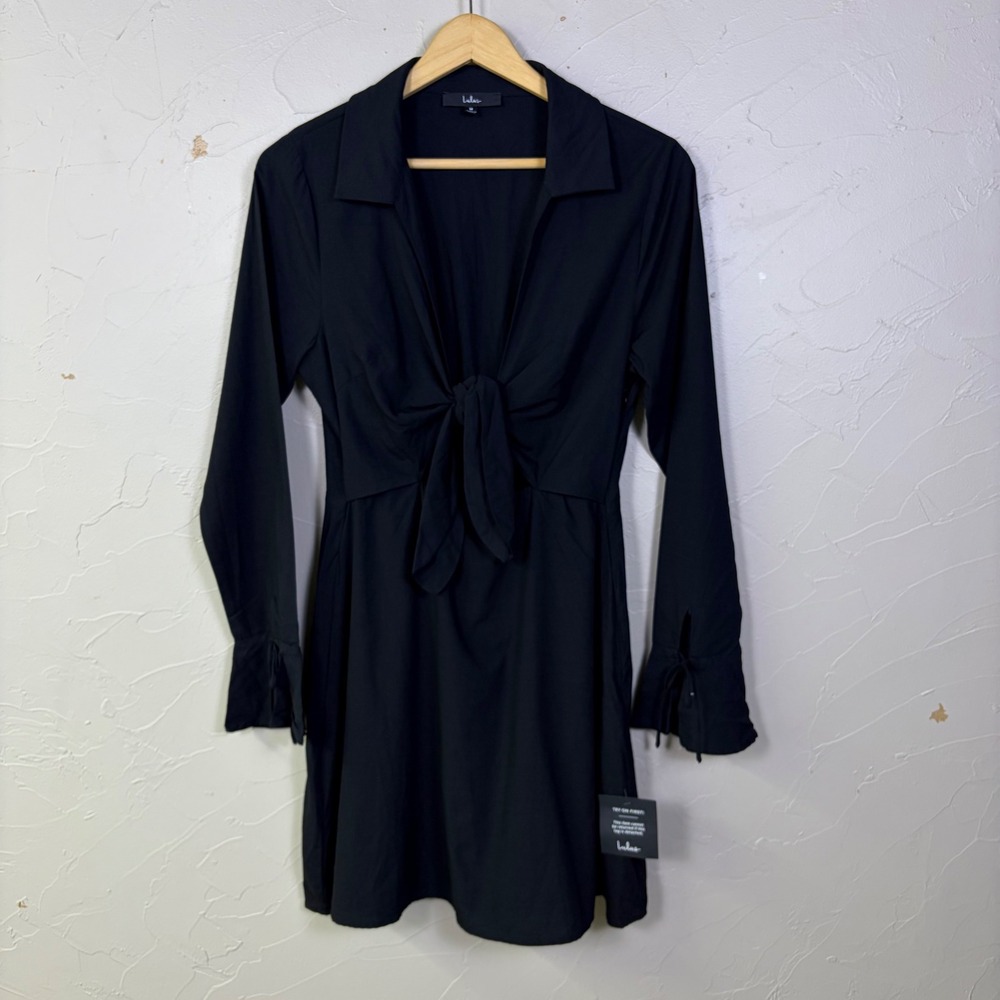NEW Lulus Tie Front Long Sleeve Mini Dress Womens Medium Black LBD Boho Chic